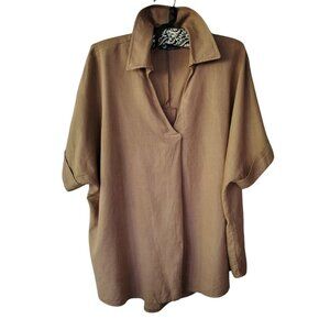Italian Linen Blend Relaxed Silhouette Flowy Short Sleeve Top | Medium Brown